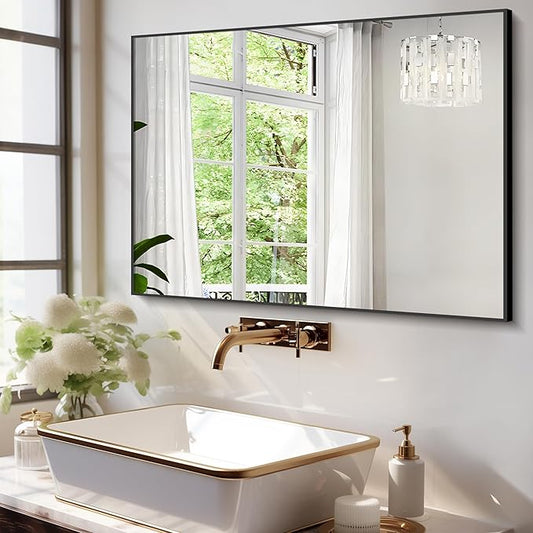 30x48 Inch Black Bathroom Mirror for Wall, Aluminum Frame Rectangle Rectangular Vanity Mirror, Modern Large for Bedroom, Living Room, Horizontal or Vertical