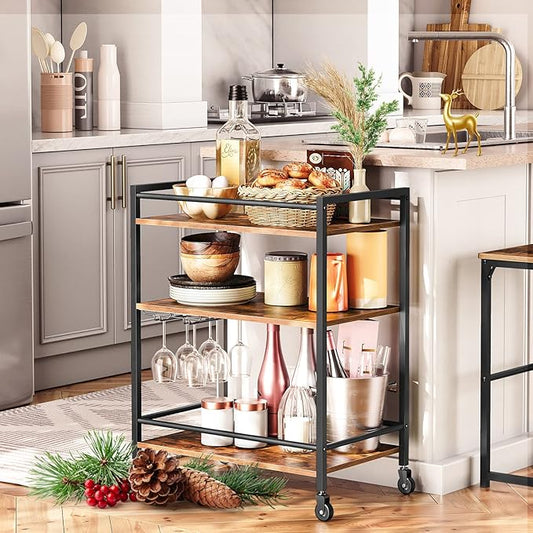 HOOBRO Bar Cart for The Home, Serving Cart with Wine Glass Hooks, Rolling Kitchen Cart with Lockable Wheels, 25.2 x 15.7 x 33.3 Inches Beverage Cart with Storage Shelves, Rustic Brown BF02TC01
