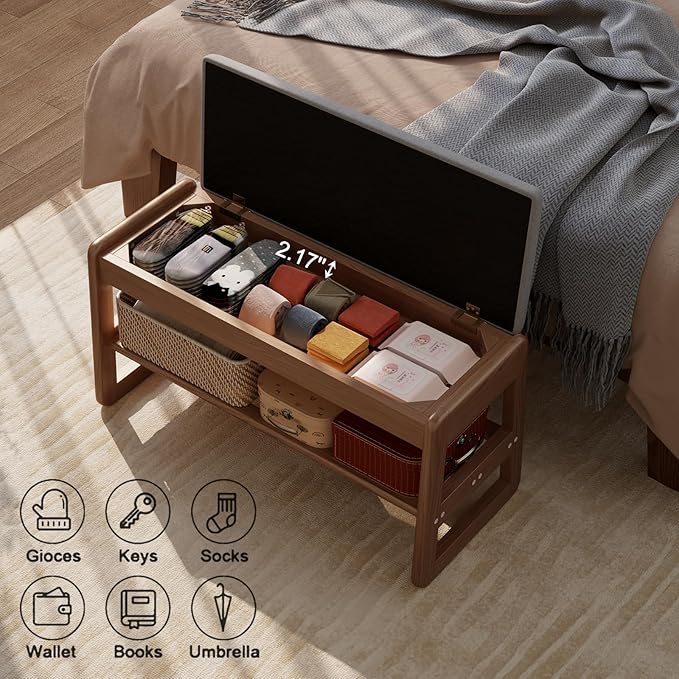 Shoe Rack Bench with Cushion,2 Tiers Shoe Bench with Flip-Top Storage,Wood Shoe Rack for Entryway,Hallway(Walnut,31.5")