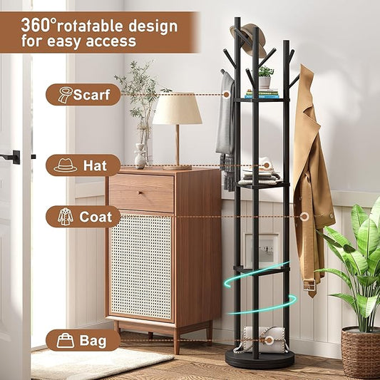 FILWH Bamboo Coat Rack Rotary Freestanding with Shelf Coat Tree Stand for Hallway Entryway with 9 Hooks and 3 Storage Shelves (Black)