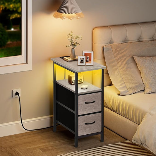Vagusicc Set of 2 Nightstand with Charging Station and LED Lights, Narrow Side Table, LED Night Stand with 2 Fabric Drawers, Bedside Table Small End Table, Tall Nightstand for Bedroom, Rustic Grey