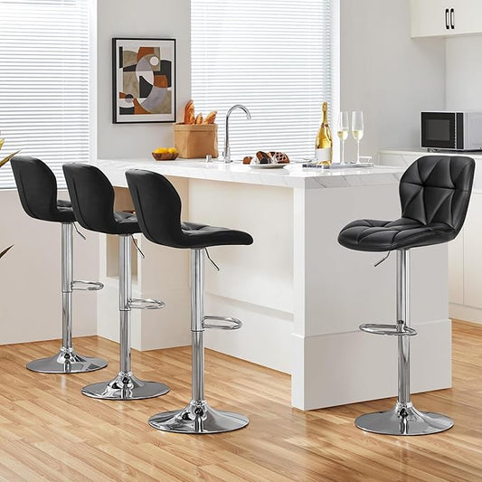 Yaheetech Bar Stools Set of 4, Adjustable PU Leather Swivel Barstools, Modern Counter Stools with Back and Footrest, Counter Height Barstools for Bar, Kitchen, Dining Room, Black