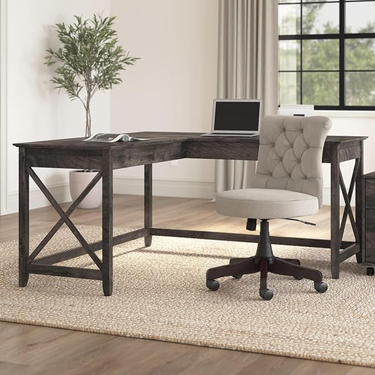 Bush Furniture Key West L Shaped Desk, 60-inch Modern Farmhouse Writing Desk for Home Office