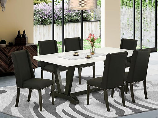 East West Furniture V627FL624-7 7 Piece Modern Dining Table Set Consist of a Rectangle Wooden Table with V-Legs and 6 Black Linen Fabric Parson Dining Chairs, 40x72 Inch, Multi-Color