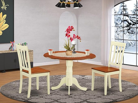 East West Furniture DLAN3-BMK-W 3 Piece Dinette Set for Small Spaces Contains a Round Dining Table with Dropleaf and 2 Kitchen Dining Chairs, 42x42 Inch, Buttermilk & Cherry