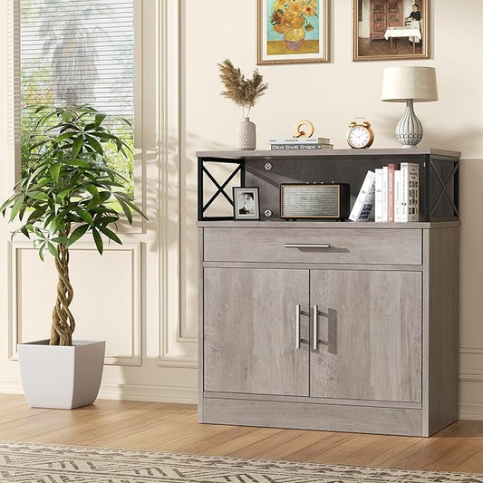 Shintenchi Kitchen Buffet Cabinet with Adjustable Shelf, Modern Kitchen Storage Cabinet,Farmhouse Coffee Bar Cabinet(Ash Grey)