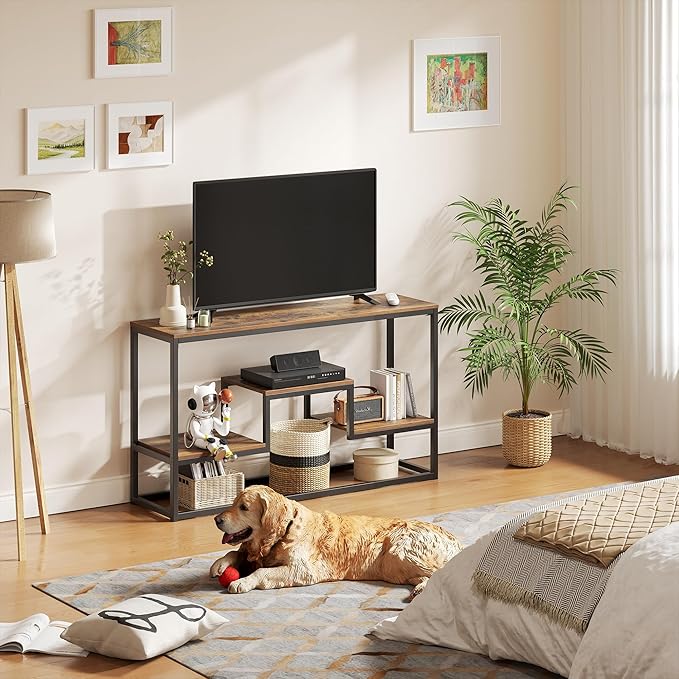 Tall TV Stand for TVs up to 55 Inch, TV Console Table with 3-Tier Open Storage Shelves, Modern Industrial Entertainment Center for Living Room, Bedroom,Rustic Brown