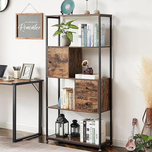 VECELO 5-Tier Bookshelf,Bookcase with 2 Storage Drawers and 1 Cabinet, Wooden Shelf with Metal Frame Open Book Shelves Standing Shelf Unit for Living Room, Bedroom,Office