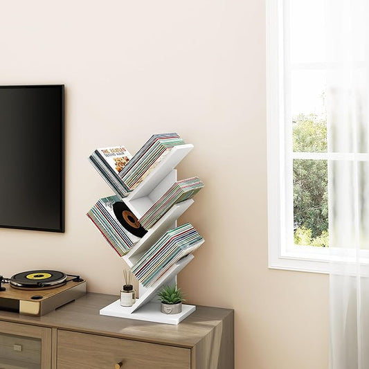 Hoctieon 4 Tier Tree Bookshelf, 4 Shelf Bookcase, Free Standing Tree Bookcase, Display Floor Standing Shelf for Books, Book Organizer Shelves for Home Office, Living Room, Bedroom, White