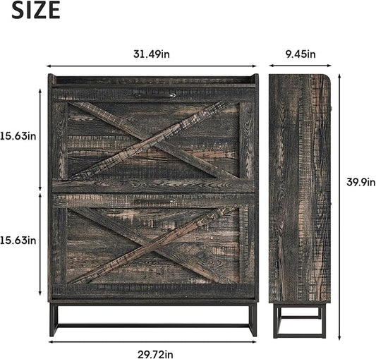Maupvit Shoe Storage Cabinet with 2 Flip Drawers, Freestanding Organizer with Metal Legs for Entryway, Narrow Shoe Rack Cabinet, Dark Rustic Oak