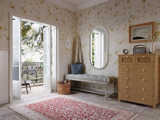 Boho Oval Mirror, 24" x 48" White Beaded Tall Farmhouse Mirrors Antique Oval Bathroom, Wooden Rustic Decorative Mirror for Wall, Bedroom, Dining Room, Hallway