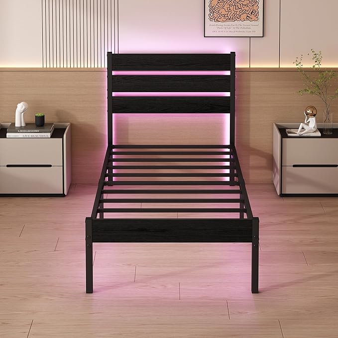 Twin Bed Frame with Headboard,Heavy Duty LED Bed Frame with USB Charging Station,Mattress Foundation-Under Bed Storage, No Box Spring Needed, Noise Free,Black