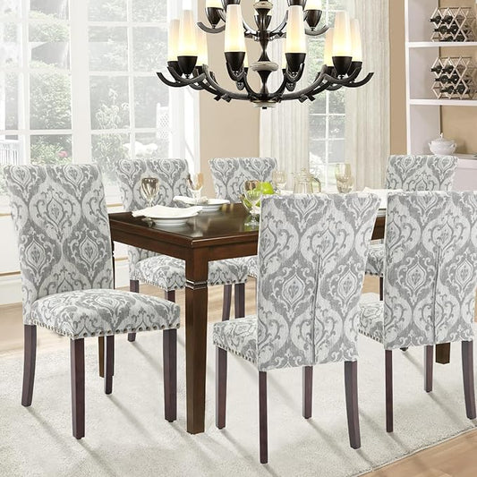 Parsons Dining Chairs Set of 6, Upholstered Nailhead Dining Room Kitchen Side Chair with Thick Cushions and Wood Legs, White/Grey