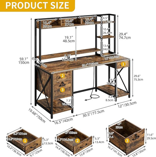 DWVO Computer Desk with Drawers & Hutch, 59.1" Office Desk with Power Outlets & LED Lights, Home Office Desk with Storage Shelves, Rustic Brown