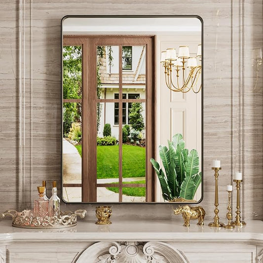 Black Bathroom Mirror 20X30 Inch, Black Metal Framed Mirror for Wall, Rounded Rectangle Matte Bathroom Vanity Mirror with Tempered Glass, Anti-Rust, Horizontal/Vertical