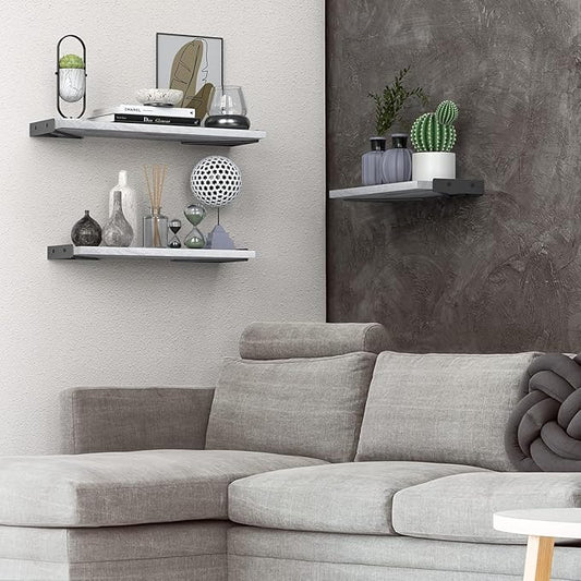BAYKA Wall Shelves for Bedroom Decor, Floating Wall Shelves for Living Room Kitchen Storage, Wall Mounted Rustic Wood Floating Shelves for Kids Books,Corner Shelves for Bathroom(White,Set of 3)