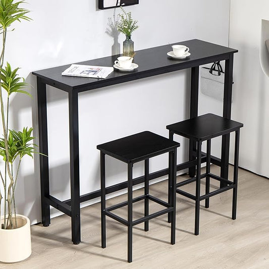 Finnhomy 52.7" Industrial Bar Table Set with 2 Stools - Counter Height Dining & Pub Table for Small Spaces, Kitchen, Apartment, Breakfast Nook - Metal & Wood, Space-Saving Furniture - Rustic Black