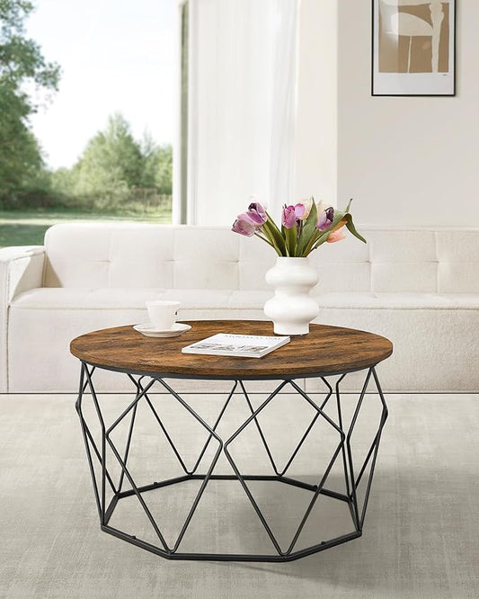 VASAGLE Round Coffee Table for Living Room, Cage Cocktail Table with Steel Frame, 31.5 Inches Dia., Industrial Style, Rustic Brown and Black ULCT040B01