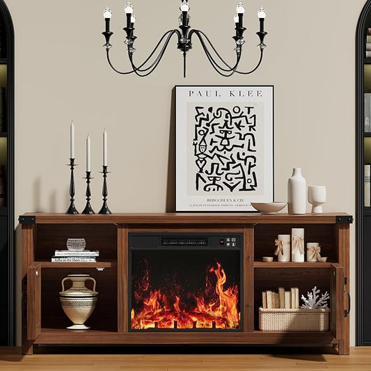 YESHOMY Fireplace TV Stand with Barn Doors and Open Display Shelf, Farmhouse Media Console with Hidden Cable Routing, Entertainment Center for Televisions up to 65+ Inch, Walnut