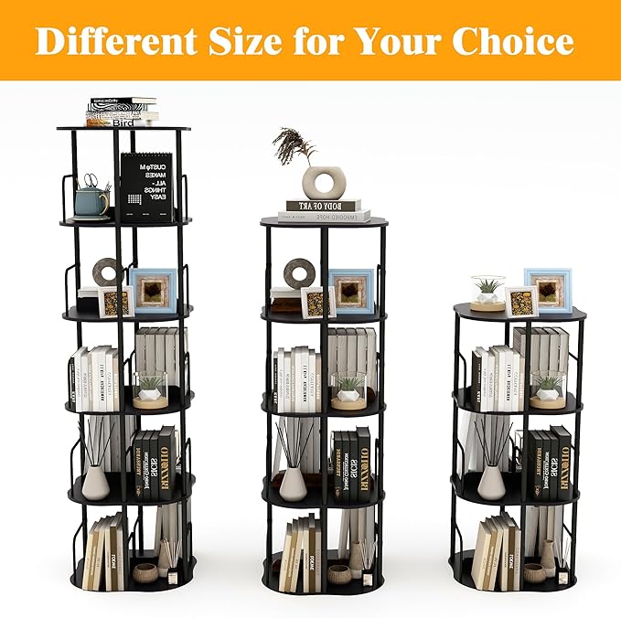 4-Tier Rotating Bookshelf, 360 ° Display Stackable Spinning Bookshelf Tower, Narrow Space Saving Tall Floor Standing Swivel Bookcase Corner Organizer for Bedroom, Living Room, Black