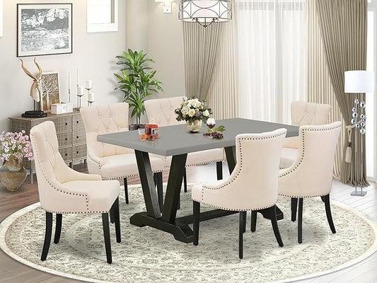 East West Furniture V696FR102-7 7 Piece Dinette Set Consist of a Rectangle Dining Room Table with V-Legs and 6 Light Beige Linen Fabric Upholstered Parson Chairs, 36x60 Inch, Multi-Color