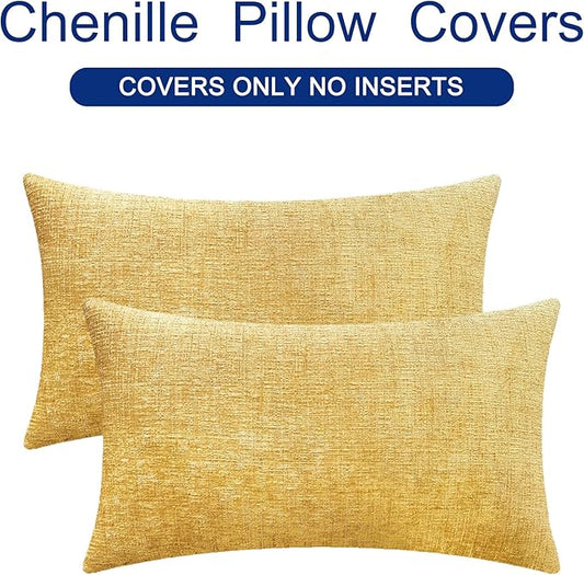 CaliTime Throw Pillow Covers Decorative 12 X 20 Inches Pack of 2 Cozy Chenille Cushion Cases for Couch Sofa Bed Living Room Home Gold