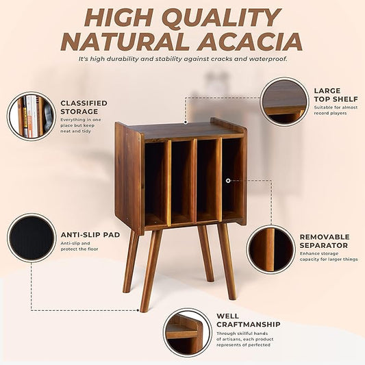 Wooden LP Record Player Stand with 4 Cabinets, Holds up to 100 Vinyls, Metal Record Storage Holder and Organizer Table, Classical Design for Files/Book (Mid-Century Modern)