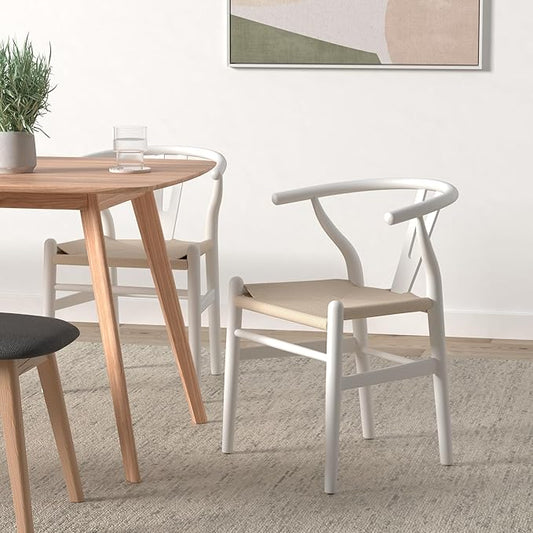 POLY & BARK Weave Dining Chairs – Mid-Century Modern Wishbone Dining Chairs with Arms, Solid Wood Frame, Indoor Use – White – Set of 2 - Ideal for Dining Room, Kitchen or Stylish Accent Setting