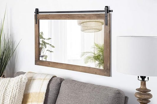 Kate and Laurel Cates Farmhouse Horizontal Wood Framed Wall Mirror, 40 x 26, Rustic Brown, Barn Door-Inspired Rustic Mirrors for Wall