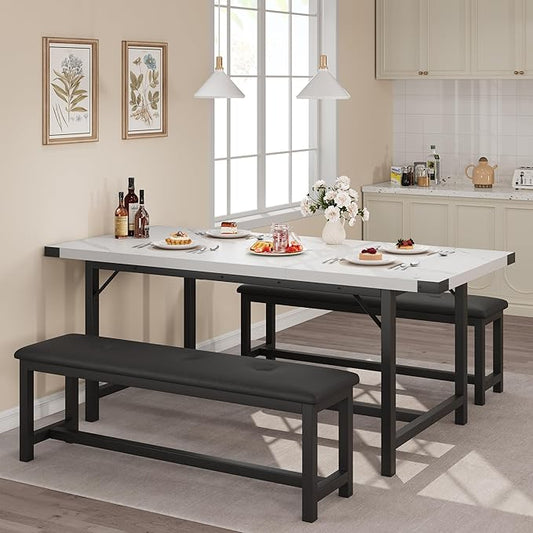 3-Piece Dining Table Set for 4-6 People, Extendable Kitchen Table Set with 2 Upholstered Benches, Dining Room Table Set for Apartment, Kitchen, Living Room, Marble White