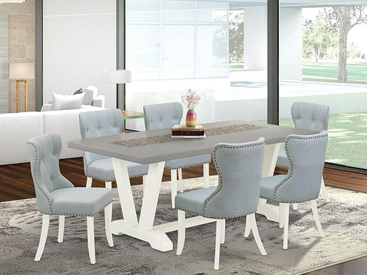 East West Furniture V097SI215-7 7 Piece Dining Table Set Consist of a Rectangle Kitchen Table with V-Legs and 6 Baby Blue Linen Fabric Parson Dining Room Chairs, 40x72 Inch, Multi-Color