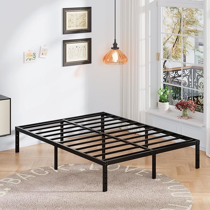 16 Inch Queen Bed Frame with White Skirt Cover, Metal Bed Frame Queen Size with Storage, No Box Spring Needed, Heavy Duty, Easy Assembly, Noise Free, Mattress Foundation