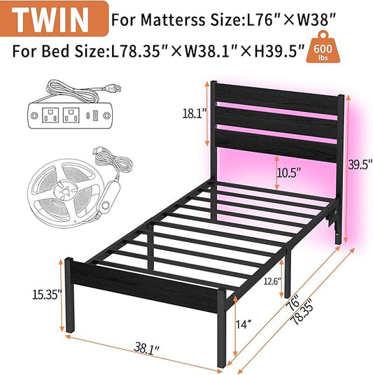 Twin Bed Frame with Headboard,Heavy Duty LED Bed Frame with USB Charging Station,Mattress Foundation-Under Bed Storage, No Box Spring Needed, Noise Free,Black
