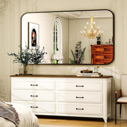 30 x 48 Inch Bathroom Mirror, Rounded Rectangular Vanity Mirror for Wall, Modern Mirror for Room Decor, Black Framed Wall-Mounted Mirrors for Home Decor, Hangs Horizontally or Vertically