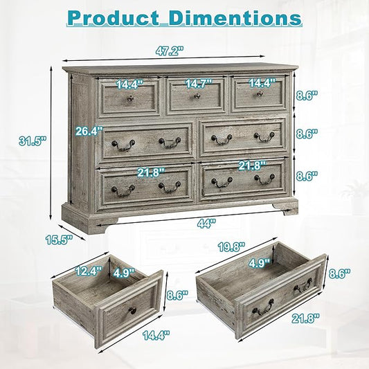 47.2" Farmhouse Sideboard Buffet Cabinet with Storage, Kitchen Buffet Storage Cabinet with 7 Drawers, Modern Wood Accent Sideboard for Living Room, Kitchen, Hallway(Ancient Oak)
