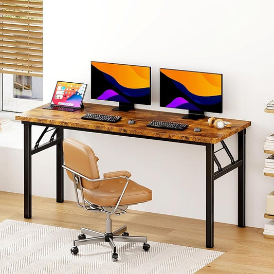 SDHYL 62 inches No Assembly Foldable Computer Desk for Home Office Workstation, Study and Writing, Rustic Brown