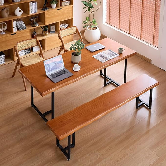 Solid Wood Administrative Desk, Dining Table with Durable Metal Legs, Uniquely Designed Leisure Table, Perfect for Restaurants and Home Offices, (Wood Brown, 55.12in)