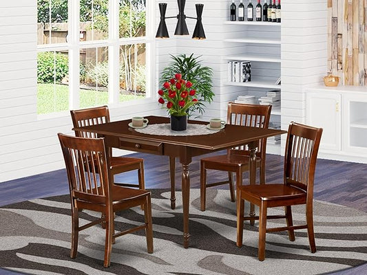 East West Furniture MZNO5-MAH-W 5 Piece Dining Set Includes a Rectangle Dining Room Table with Dropleaf and 4 Kitchen Chairs, 36x54 Inch, Mahogany