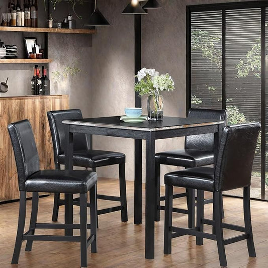 5PCS Wooden Counter Height Table Set, Square Table and 4 Upholstered Chairs, Dining Table with Crystal Decoration, for Kitchen, Dining Room,Black