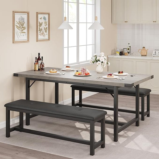 3-Piece Dining Table Set for 4-6 People, Extendable Kitchen Table Set with 2 Upholstered Benches, Dining Room Table Set for Apartment, Kitchen, Living Room, Gray