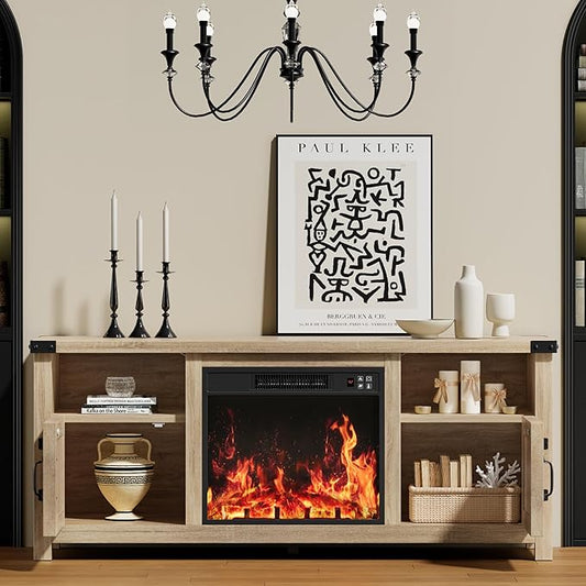 YESHOMY Fireplace TV Stand with Barn Doors and Open Display Shelf, Farmhouse Media Console with Hidden Cable Routing, Entertainment Center for Televisions up to 65+ Inch, Natural Oak