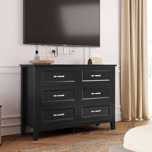 LINSY HOME 6 Drawers Dresser for Bedroom, 47" Wide Wooden Storage Chest with Antique Handles, Modern Farmhouse Dresser TV Stand with Wood Legs for Closet, Living Room, Hallway, Black