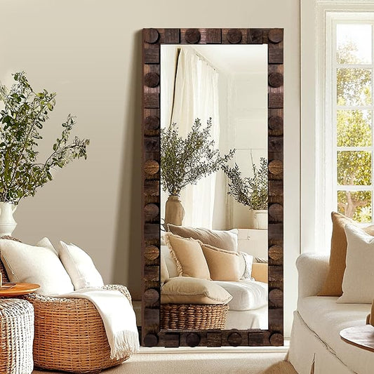 56x24 Inch Handcrafted Solid Wood Square Wall Mirror with Geometric Wood Inlay Design, Rustic Natural Texture for Bathroom, Bedroom, Living Room Decor