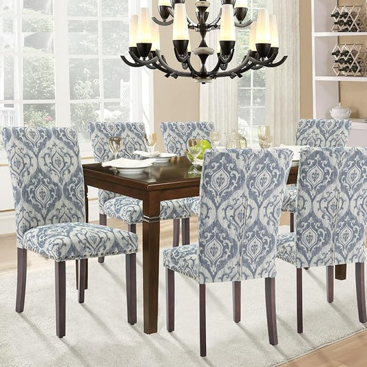 Parsons Dining Chairs Set of 6, Upholstered Nailhead Dining Room Kitchen Side Chair with Thick Cushions and Wood Legs, White/Blue