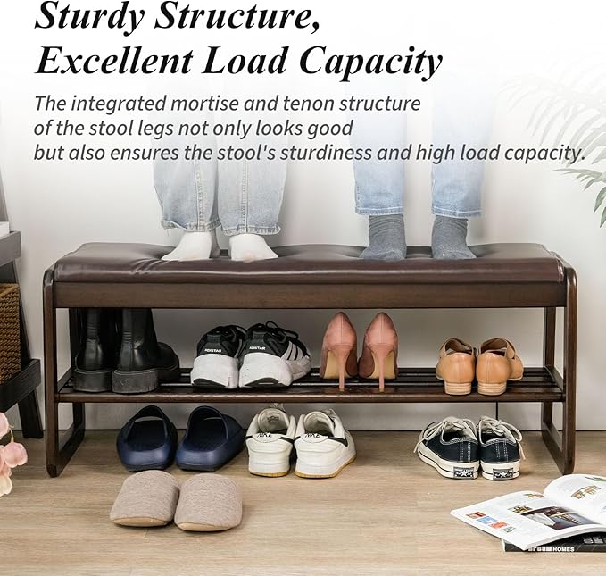 Shoe Bench, Entryway Bench with Leather Cushion, Solid Wood Shoe Rack, Mid Century Modern Bench, Shoe Storage, Shoe Organizer for Entryway (Brown, 39.4" W)