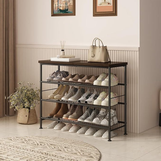 Shoe Rack Organizer 4 Tier for Closet Entryway Free Standing Metal Storage Shoe Shelf with MDF Top Board,Black
