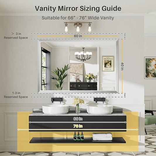 60x40 Inch Silver Bathroom Mirror for Wall, Thick Metal Framed Rectangle Mirrors for Over Sink, Bedroom, Living Room, Entryway, Anti-Rust, HD Tempered Glass