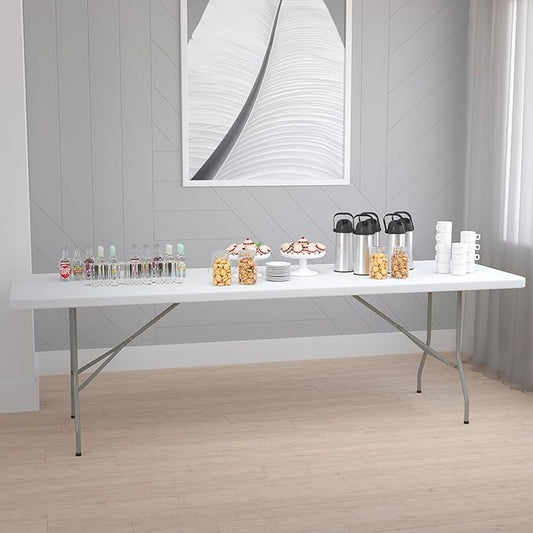 Flash Furniture Elon 8' Rectangular All-Occasion Plastic Folding Event Table, Foldable Portable Banquet Table for Indoor/Outdoor Events, White