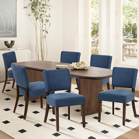 COLAMY Mid Century Modern Dining Chairs Set of 6, Upholstered Kitchen Chairs with Back, Farmhouse Fabric Side Dining Room Chairs with Wood Legs for Dining Room Kitchen Restaurant, Blue