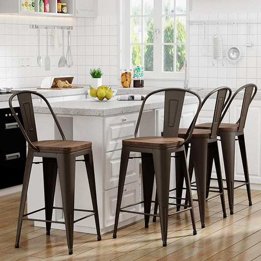 Yongqiang 24 inch Bar Stools Set of 4 Kitchen Counter Height Bar Chairs High Back Metal Barstools with Large Wooden Seat Industrial Rusty